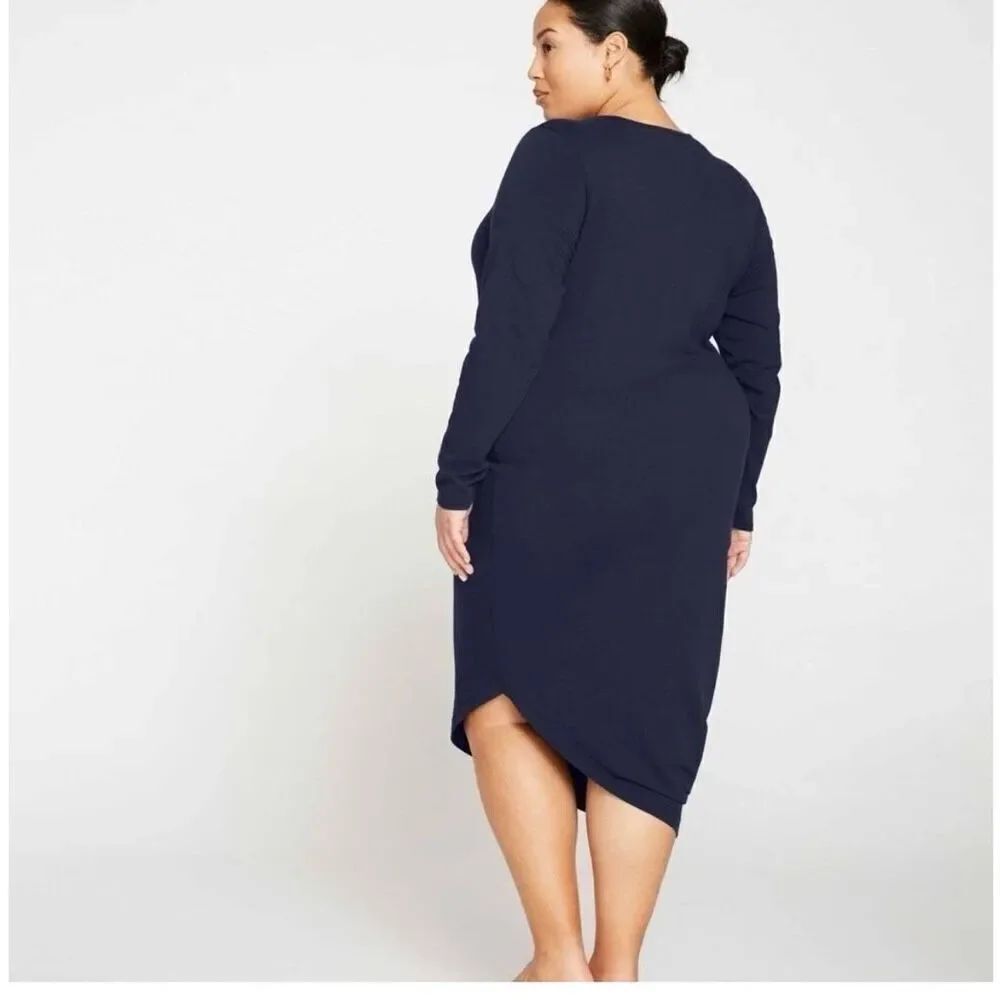Universal Standard Navy V-Neck Geneva Long Sleeve Asymmetrical Hem Dress sz 2XS